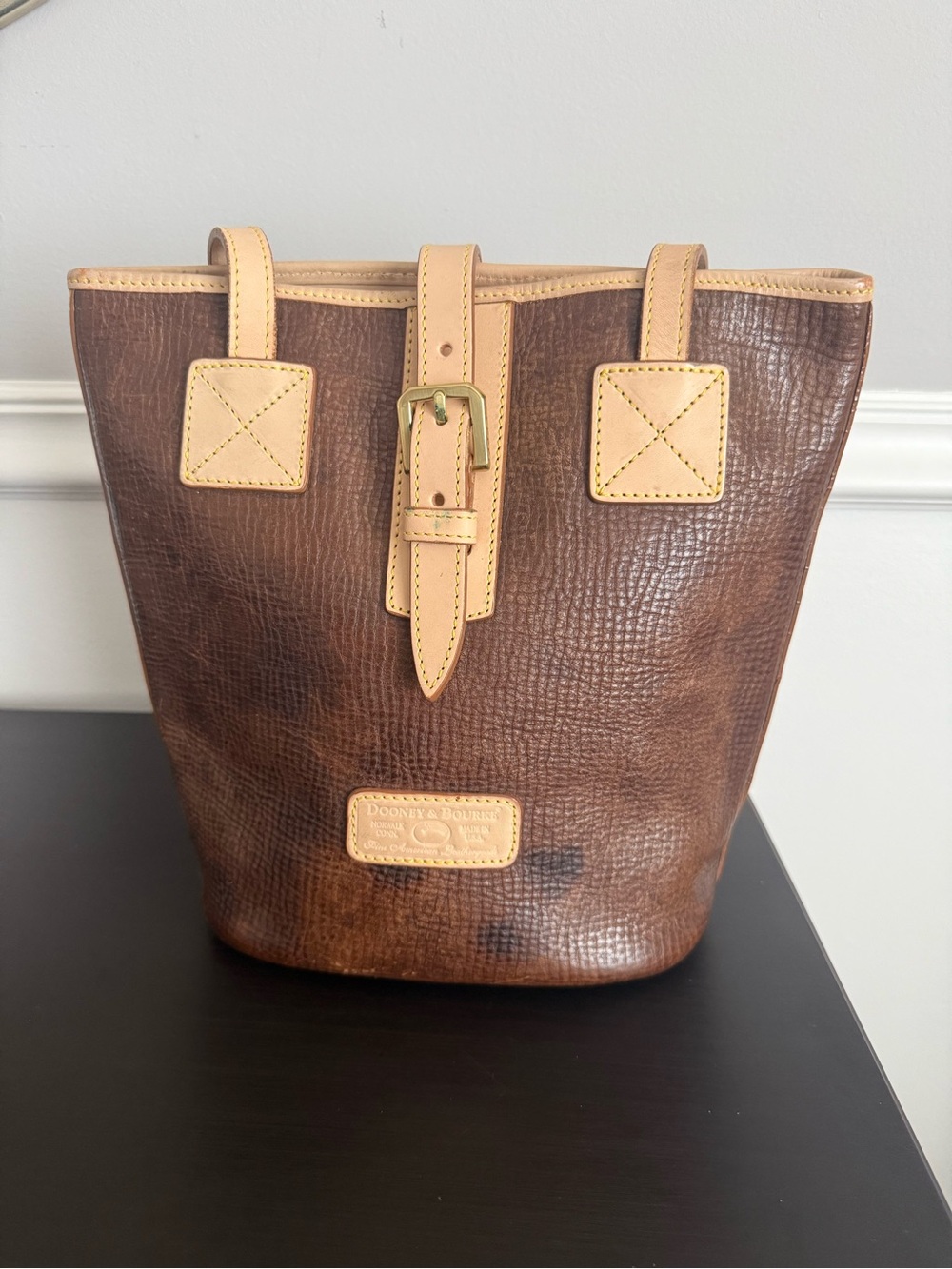 Dooney & Bourke Brown Leather Bucket Tote with Tan Trim